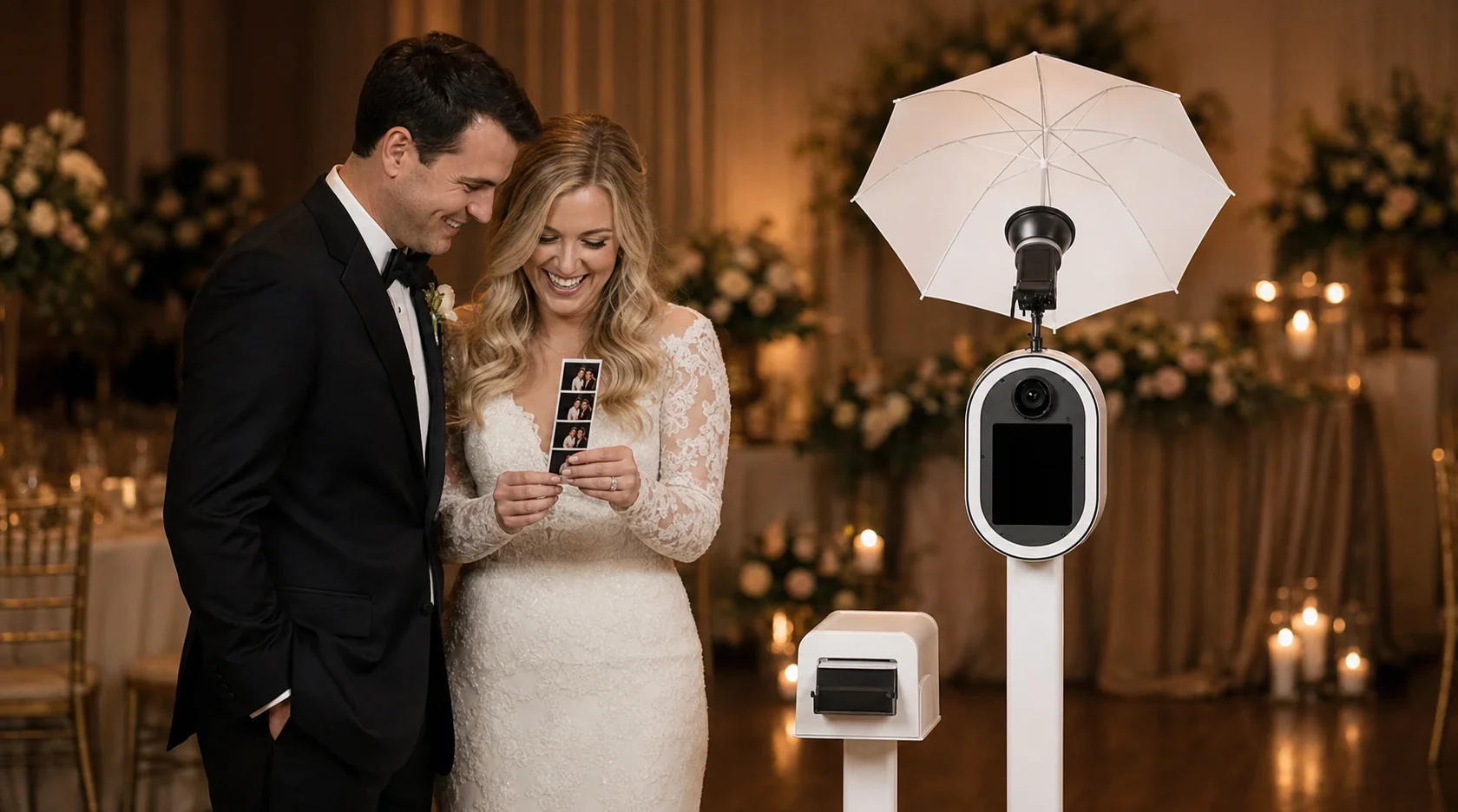 Bride and groom holding a fresh photo strip beside the Dobal Events booth