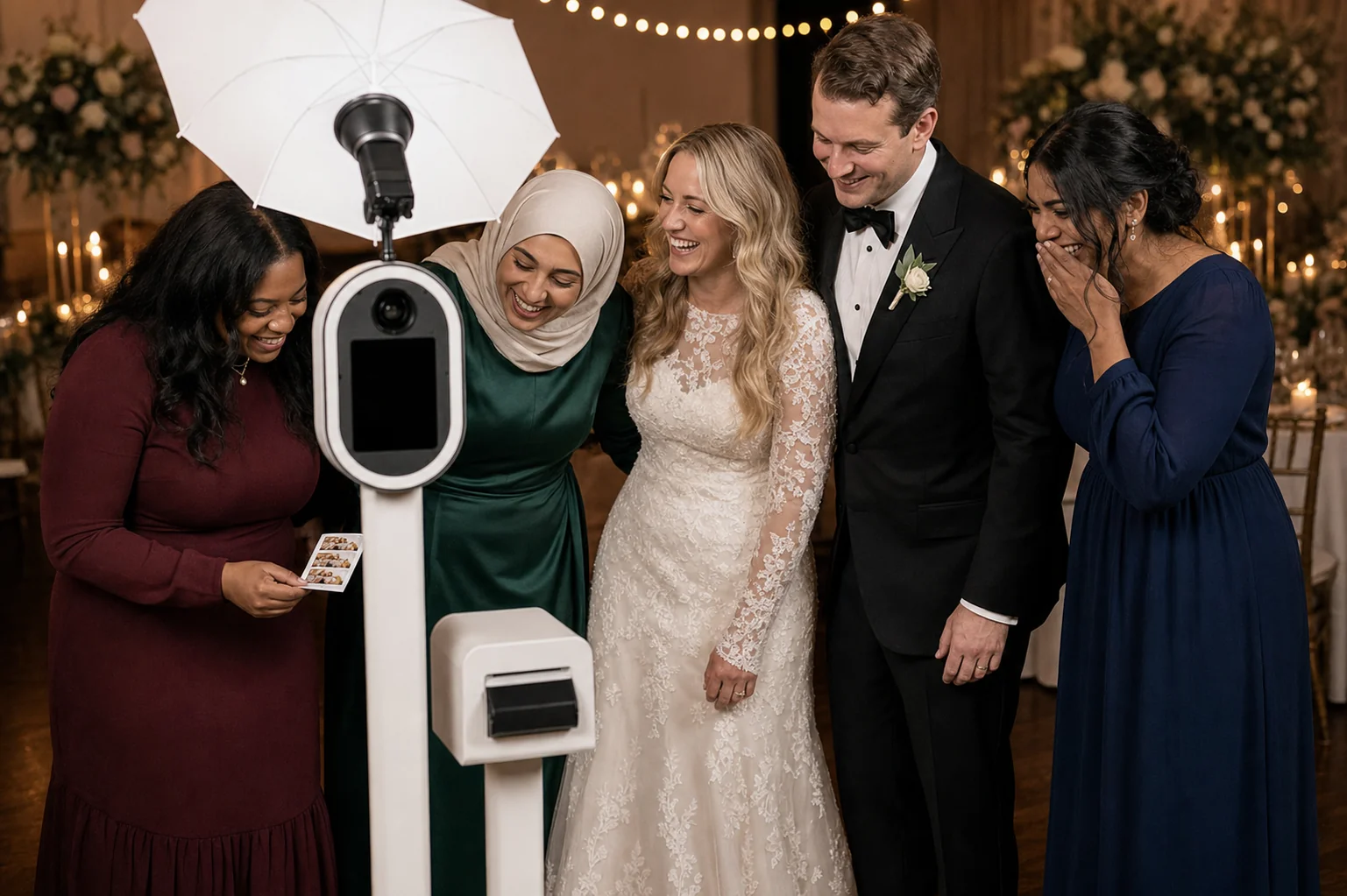 Wedding guests laughing together at the Dobal Events photo booth